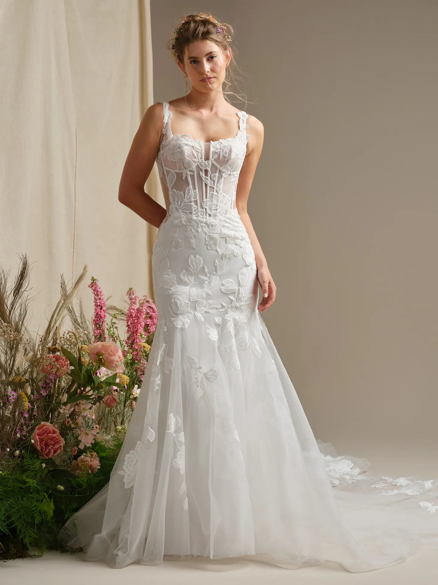 Rebecca Ingram Pearline front view with floral details, fit-and-flare wedding dress