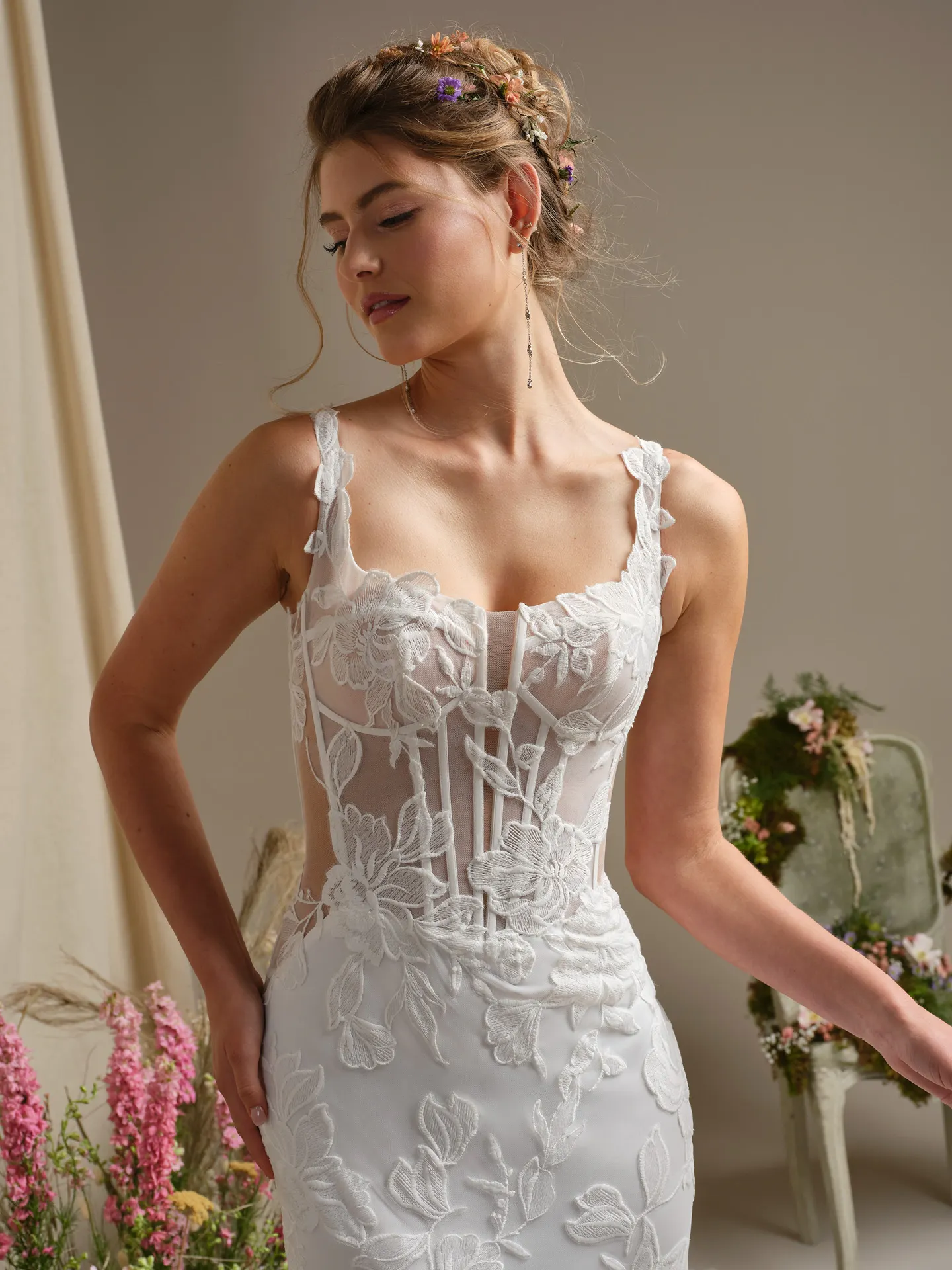 Rebecca Ingram Pearline front view, square neck illusion fit-and-flare wedding dress