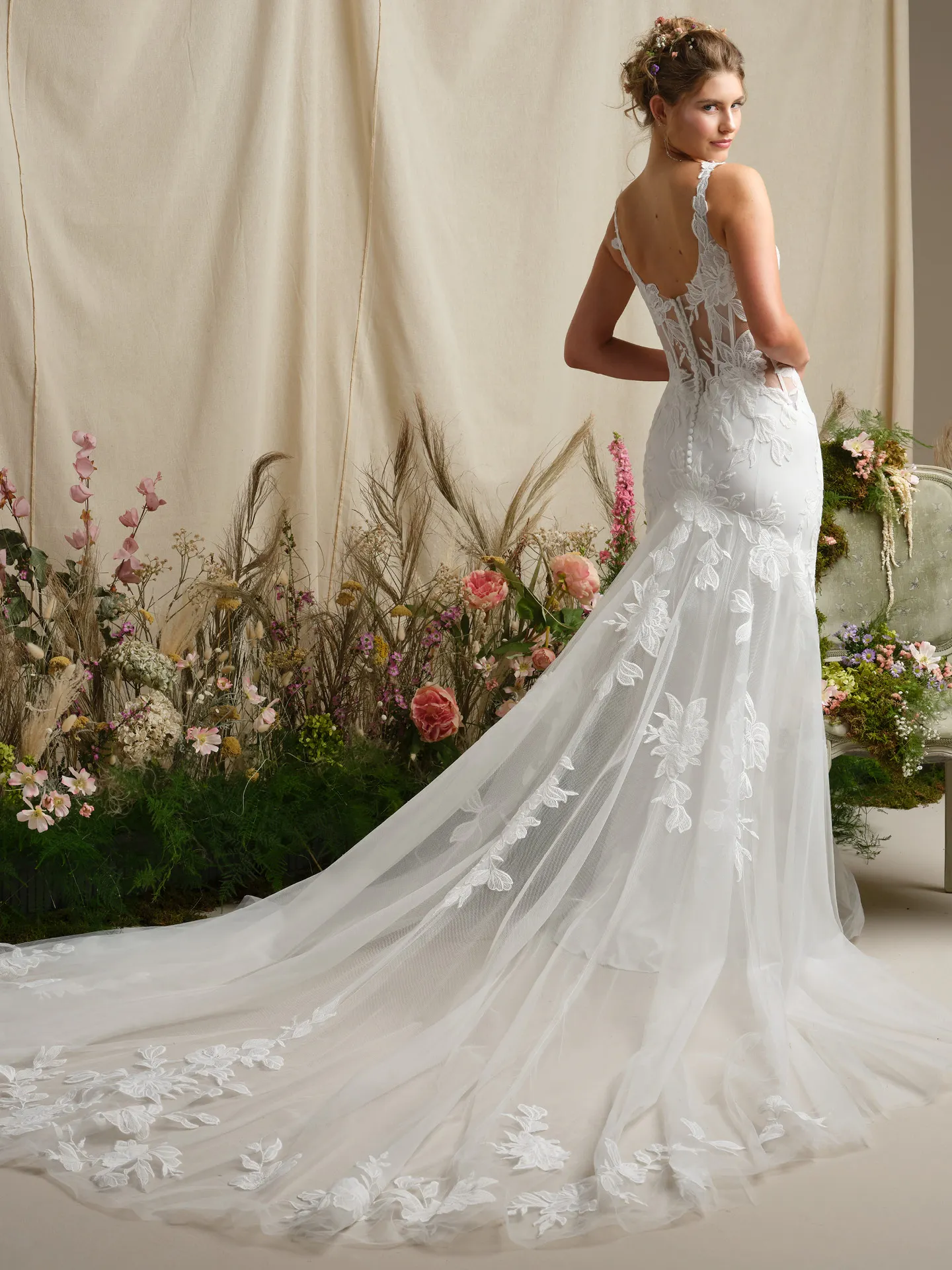Rebecca Ingram Pearline fit-and-flare back view with floral details and long train