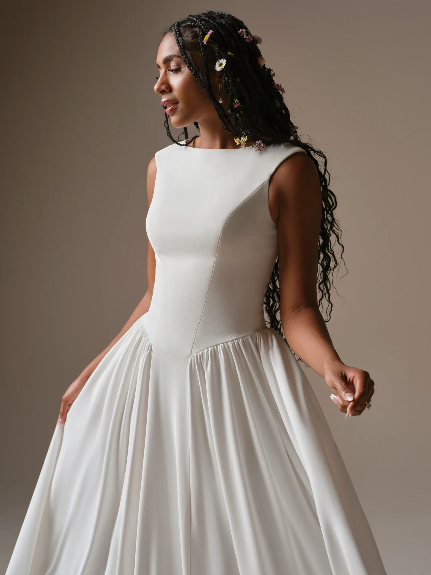 Rebecca Ingram Shay A-line dress front view with bateau neckline and cap-sleeves