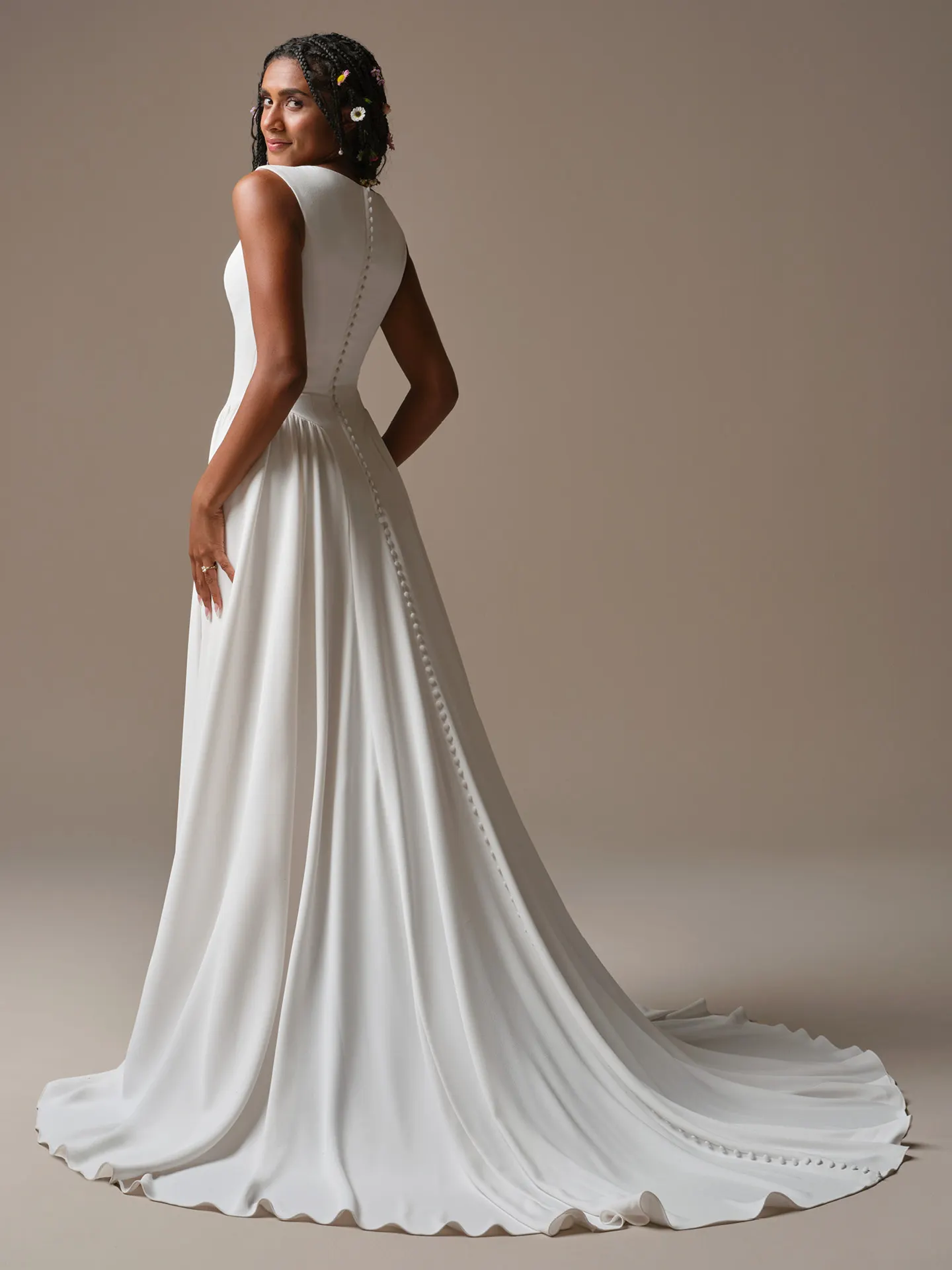 Rebecca Ingram Shay back view A-line wedding dress with button detail