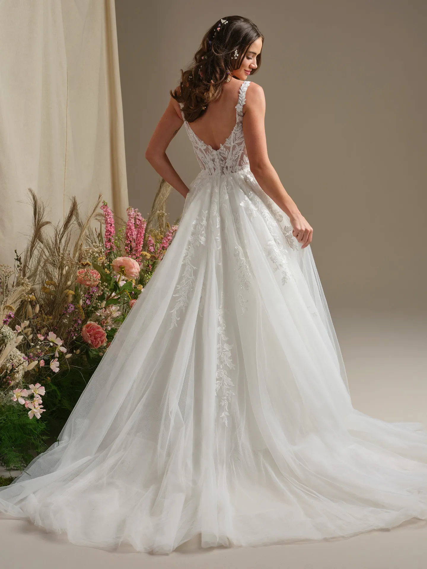 Rebecca Ingram Susan back view ballgown with illusion bodice and floral details