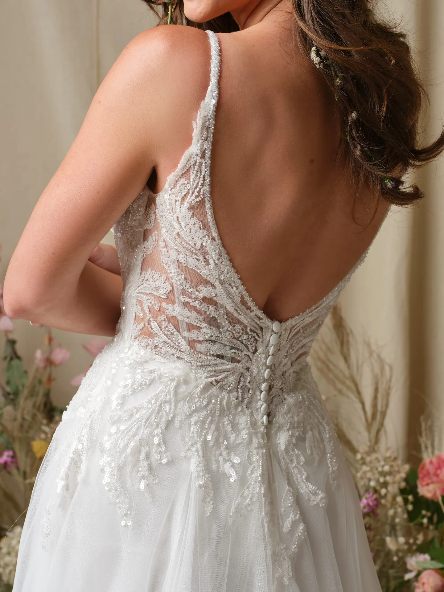 Rebecca Ingram Valarie back view lace details and floral accents