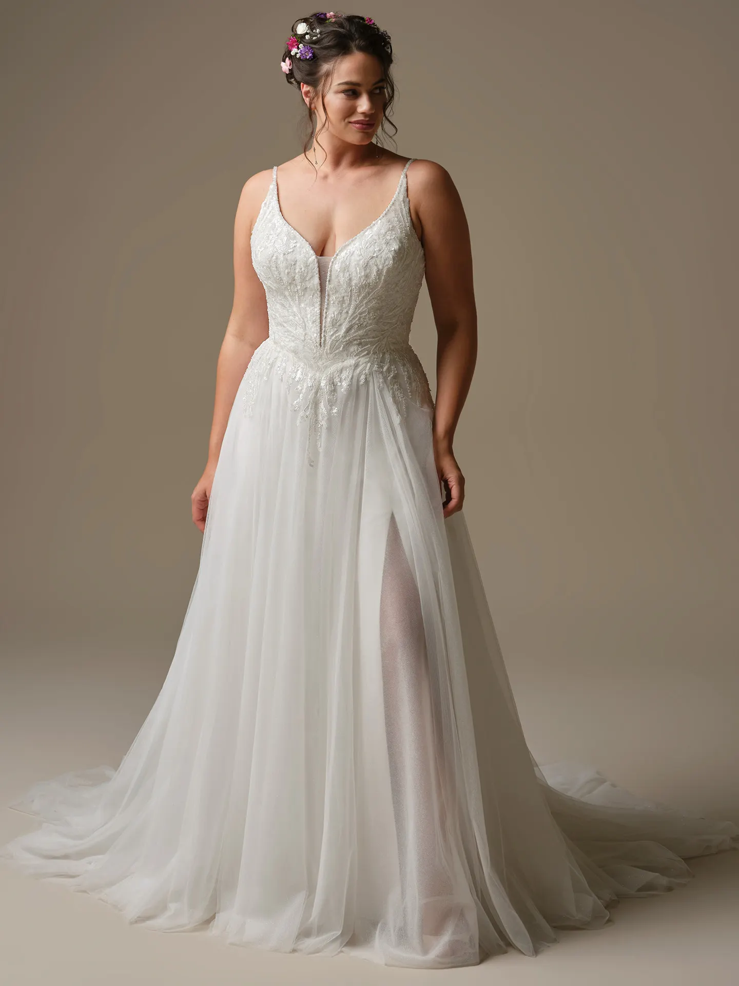 Rebecca Ingram Valarie front view A-line wedding dress with V-neck and side slit