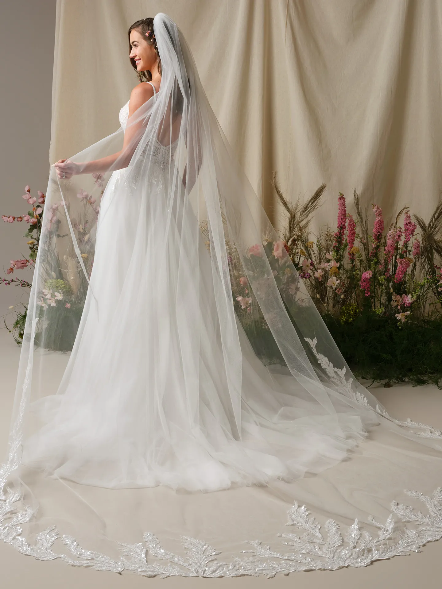 Rebecca Ingram Valarie cathedral veil with sequin lace motifs, side view
