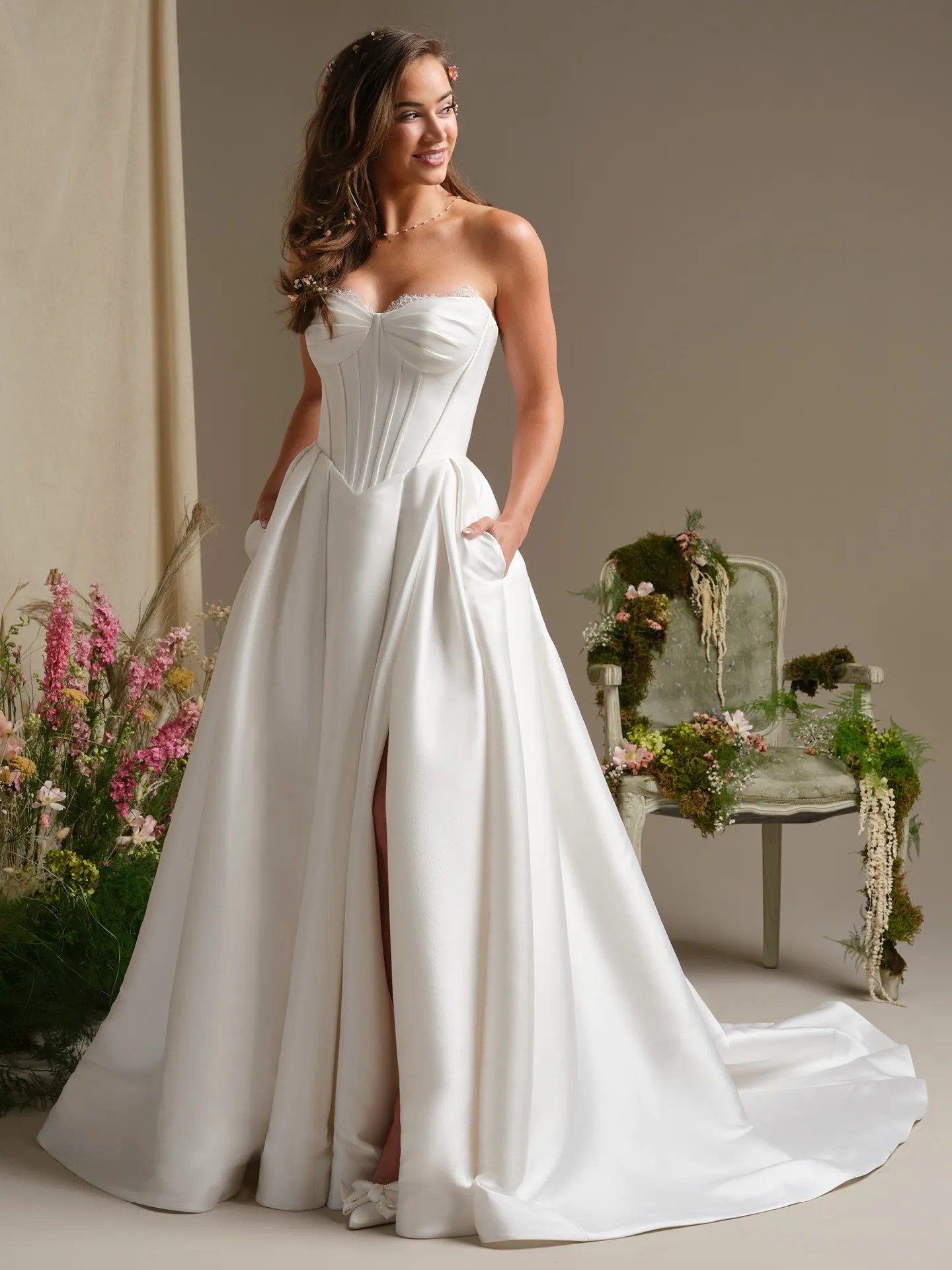 Rebecca Ingram Zorina front view lace trim Mikado side slit ballgown wedding dress