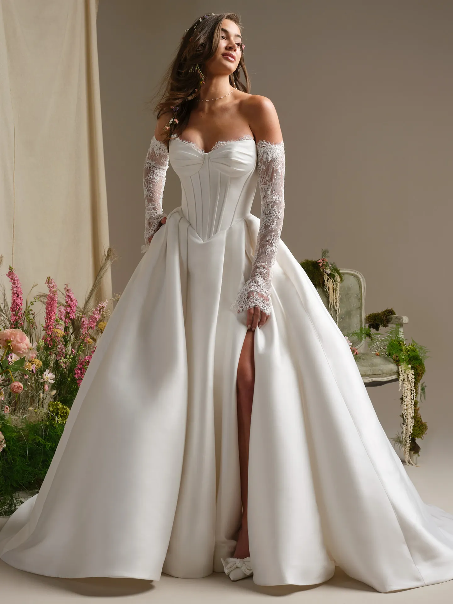 Rebecca Ingram Zorina front view; lace trim, mikado, side slit ballgown wedding dress