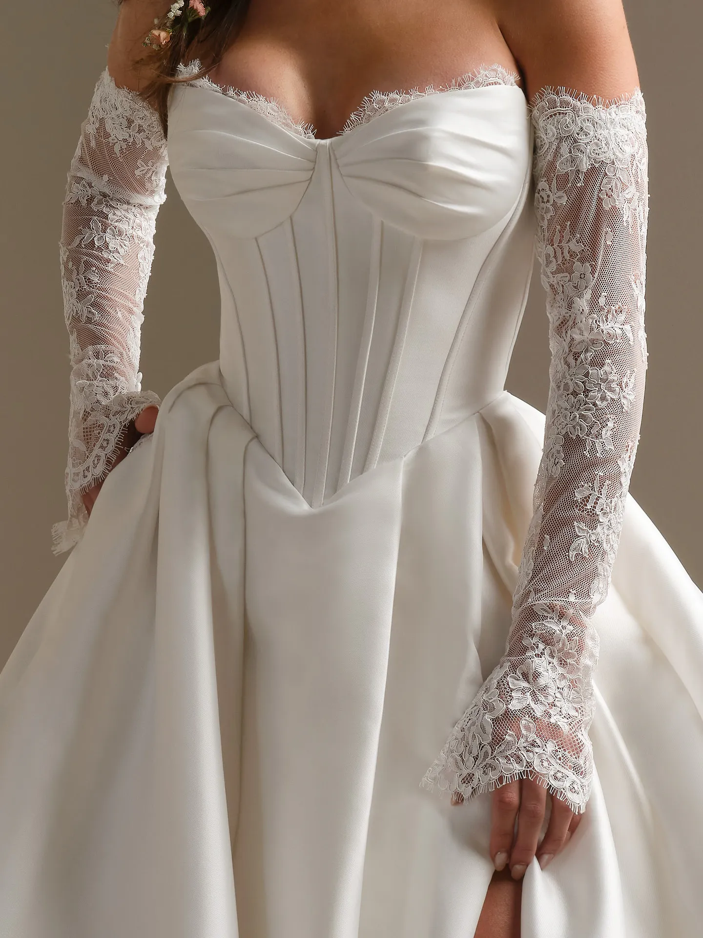 Rebecca Ingram Zorina front view, corded lace sleeves with flared cuffs