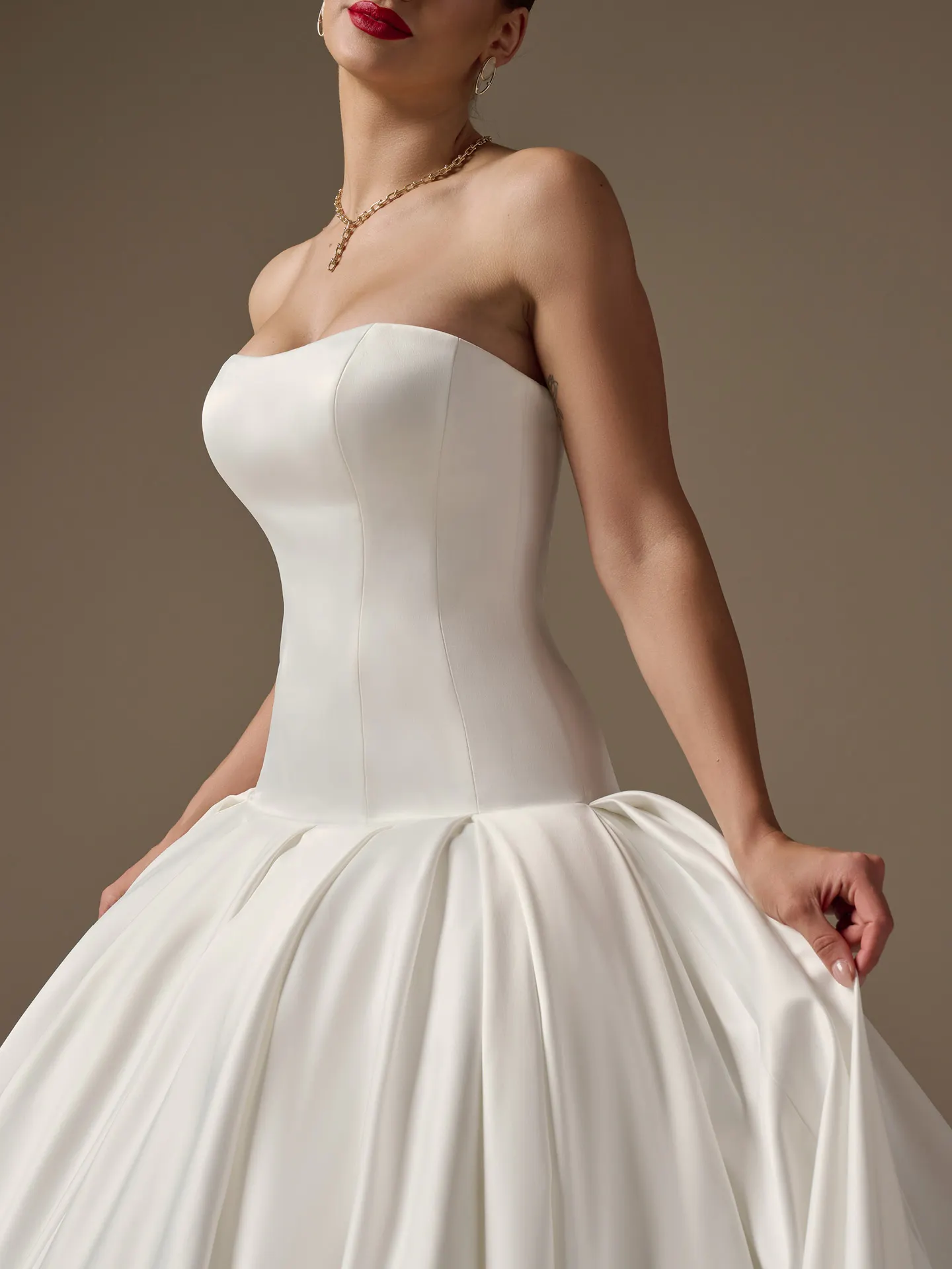 Maggie Sottero Adair strapless satin dropped waist ballgown Sottero and Midgley, front view.