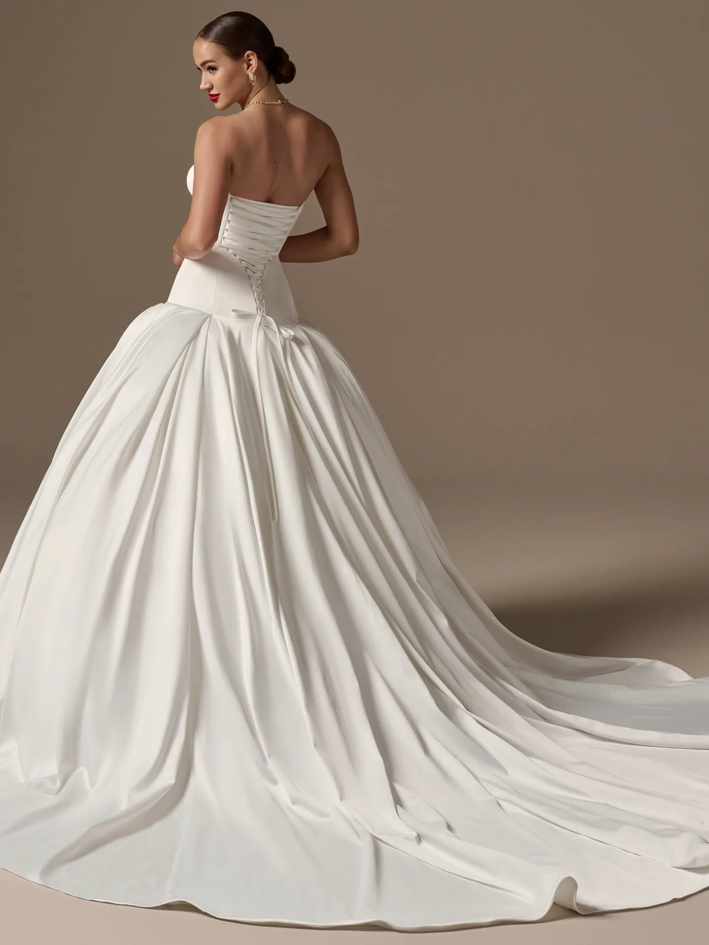 Maggie Sottero Adair, back view strapless satin ballgown wedding dress.