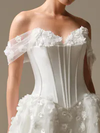 Akari detachable Tyne Mikado bustier with exposed boning, lace-up corset, and button-back closure