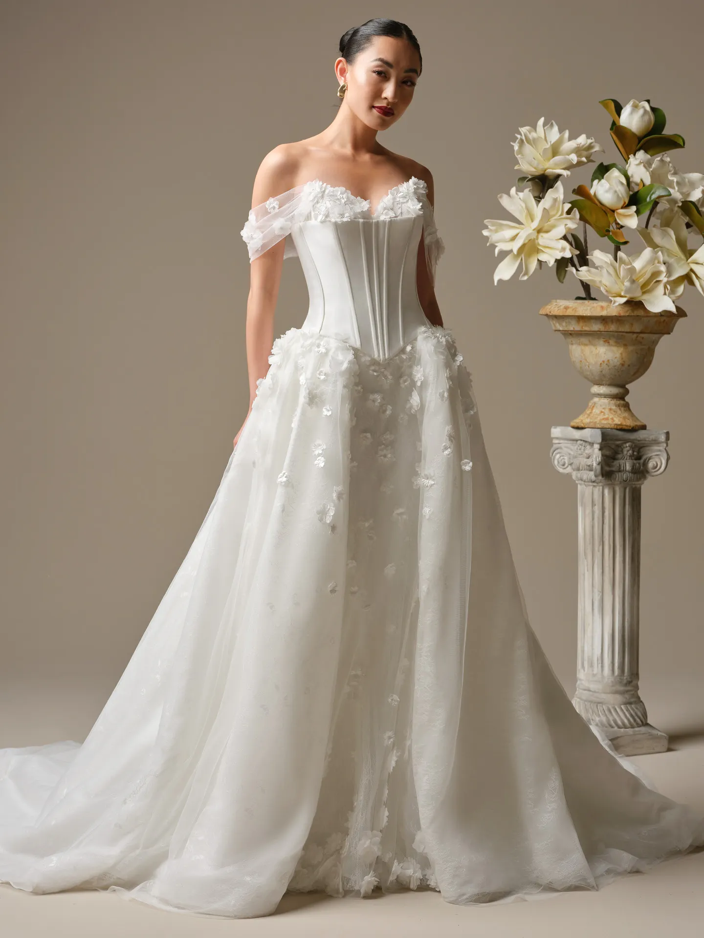 Maggie Sottero Akari sweetheart wedding dress front view with 3-D flowers.