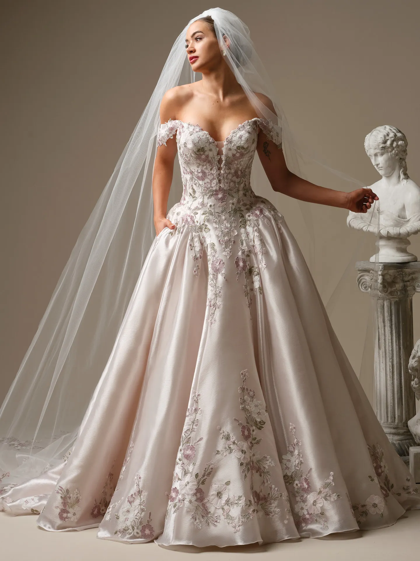 Maggie Sottero Alvarez, front view floral lace ballgown wedding dress.