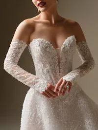 Angelica detachable off-the-shoulder beaded lace bridal sleeves with flared cuffs and button detail