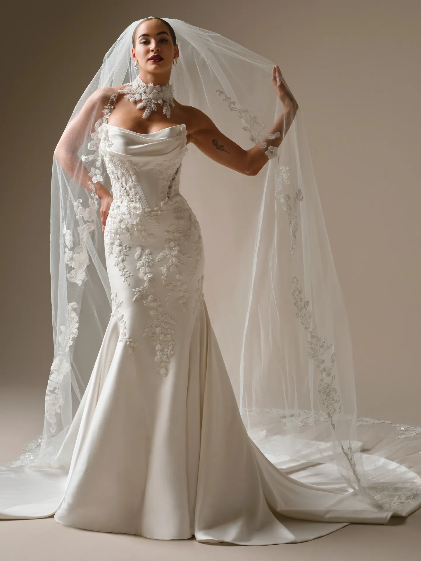 Maggie Sottero Burke, front view, beaded lace fit-and-flare wedding dress.