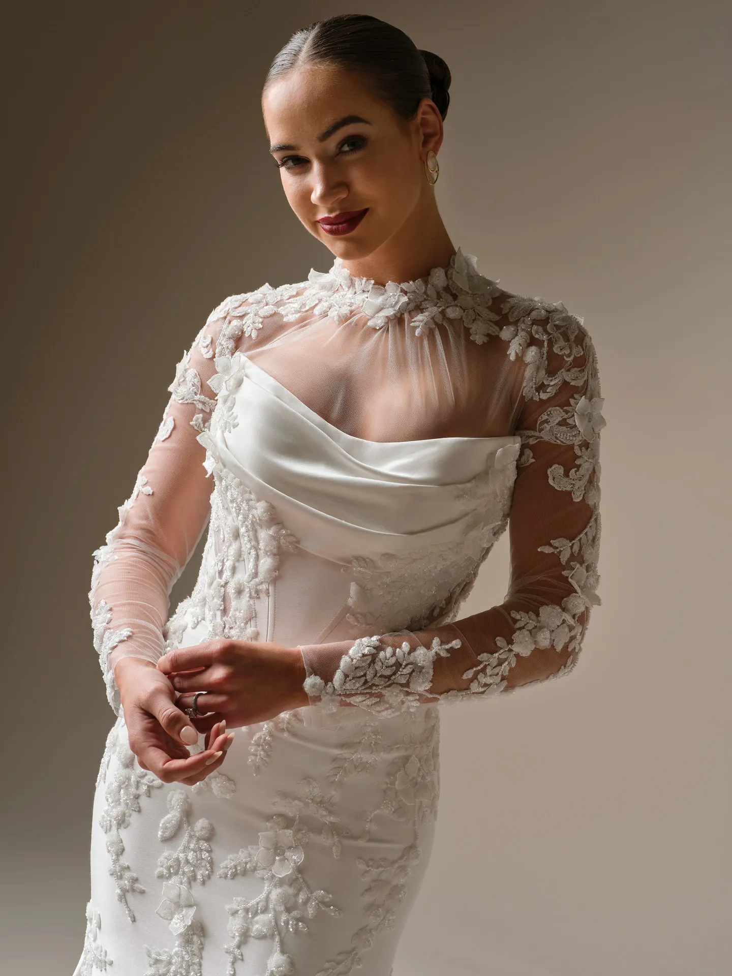Maggie Sottero Burke lace fit-and-flare, front view.