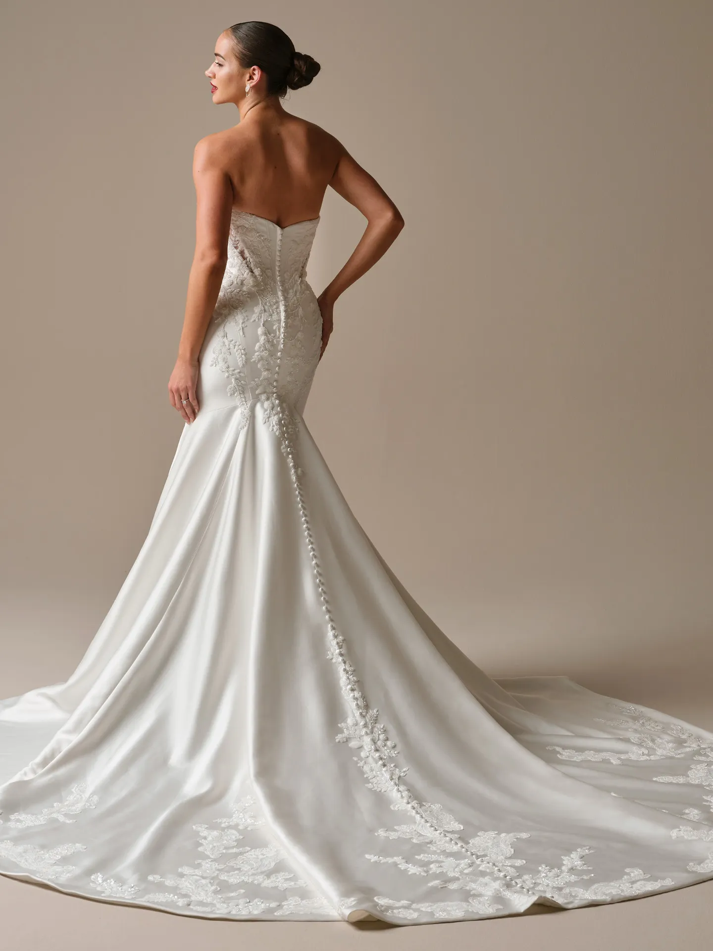 Maggie Sottero Burke, back view beaded lace fit-and-flare wedding dress.