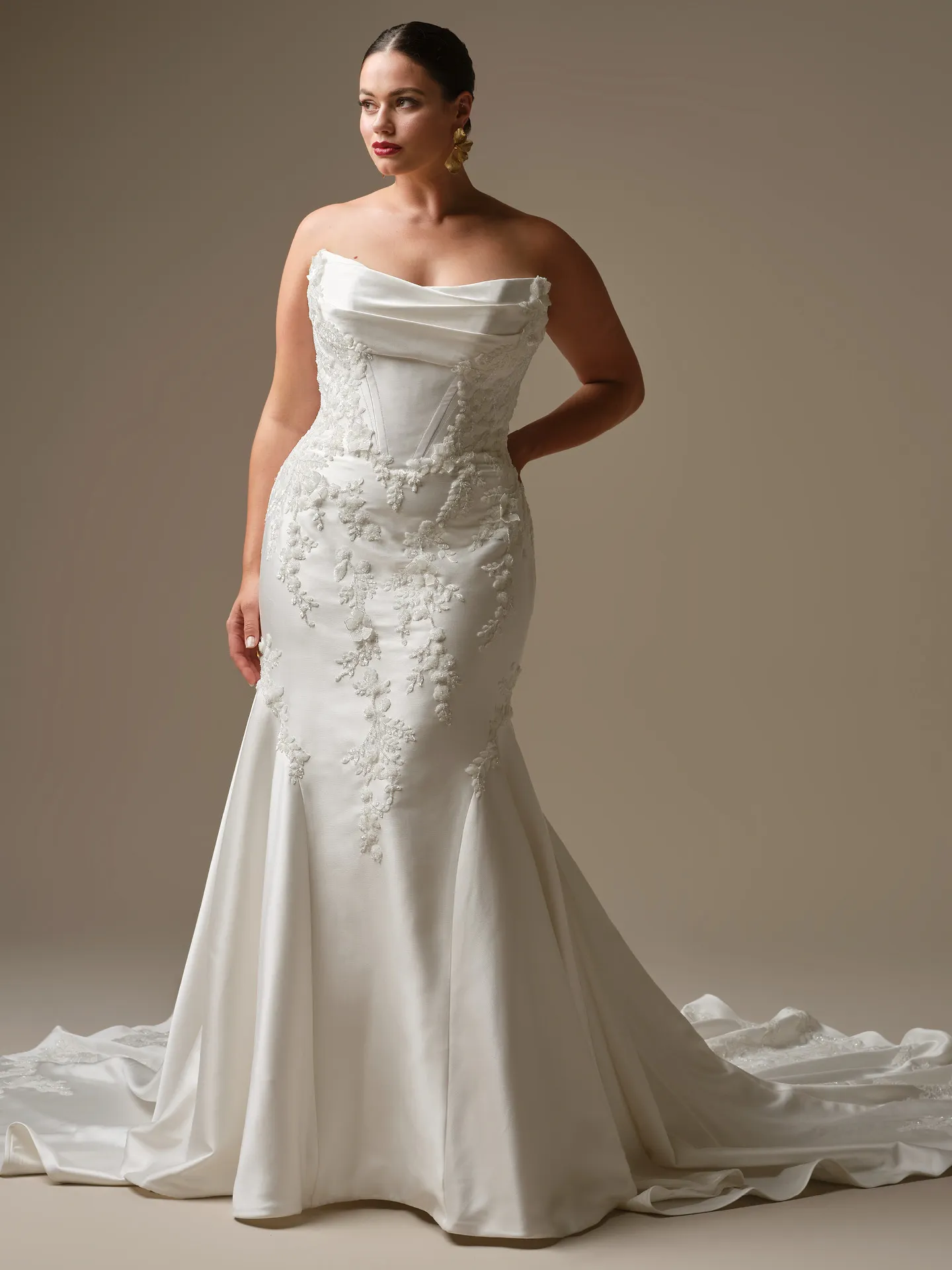 Maggie Sottero Burke, front view beaded lace fit-and-flare wedding dress.