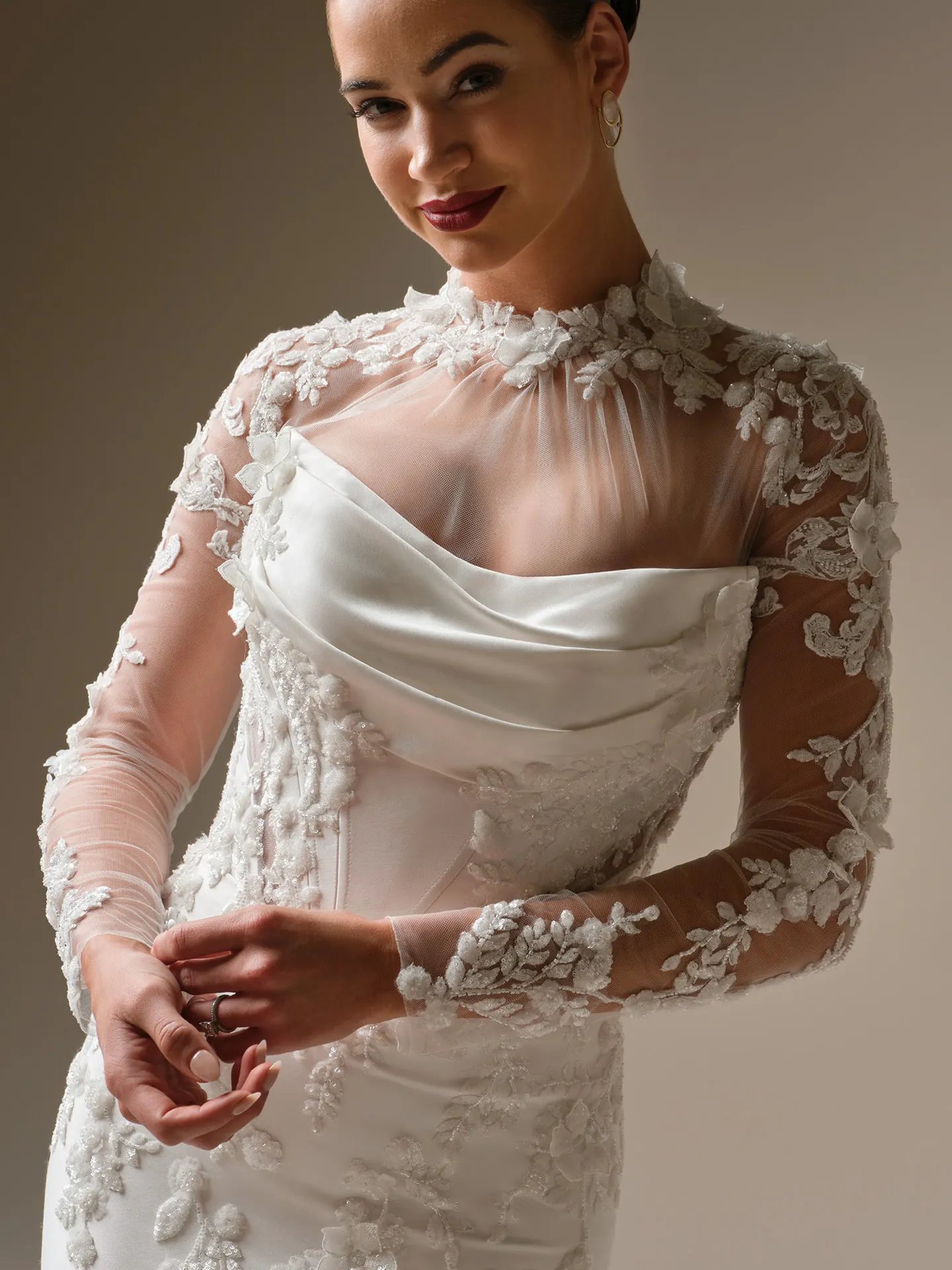 Maggie Sottero Burke detachable jacket, front view.