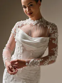 Burke detachable illusion lace bridal jacket with beaded sequins, tulle ruching, and high neckline