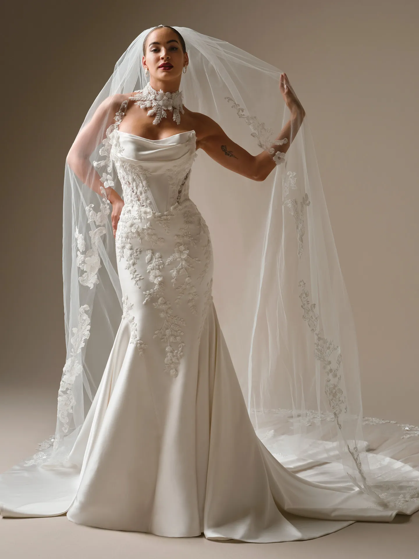 Sottero and Midgley Burke, front view with beaded lace veil.