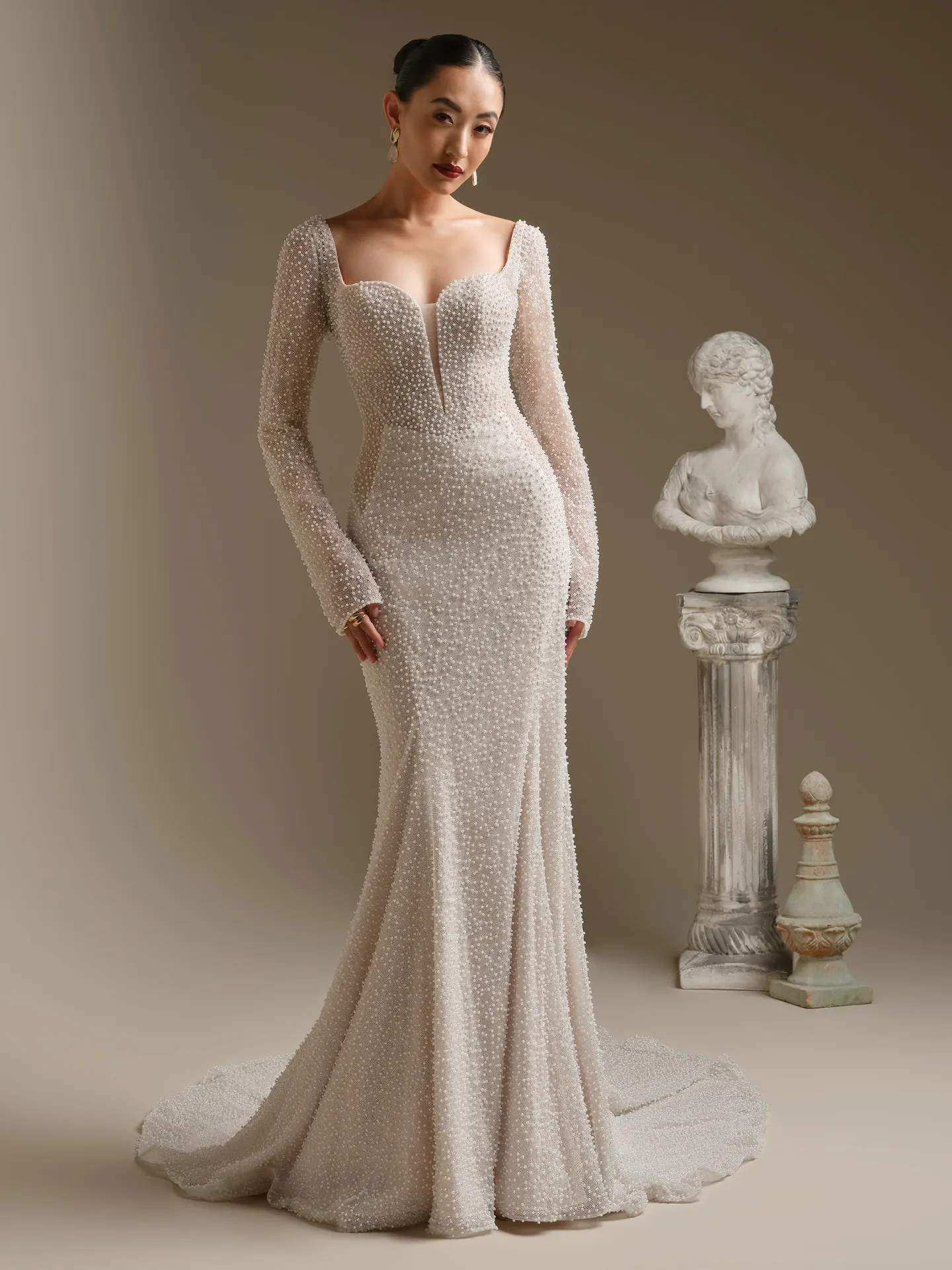 Sottero and Midgley Cooper, front view pearl tulle sheath wedding dress.