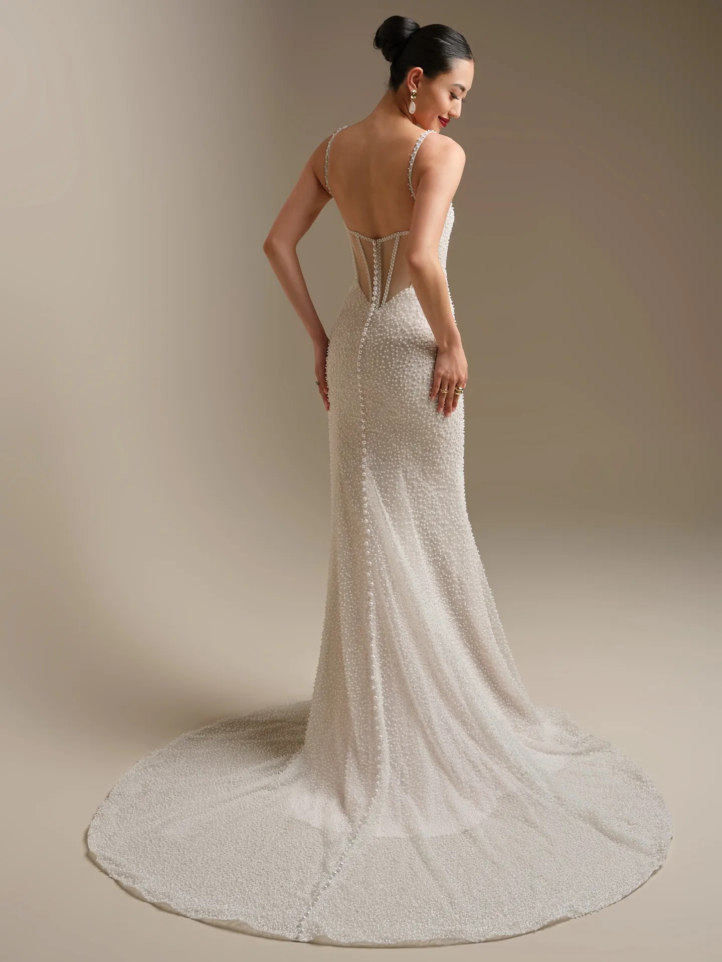 Sottero and Midgley Cooper, back view pearl glitter tulle sheath wedding dress.