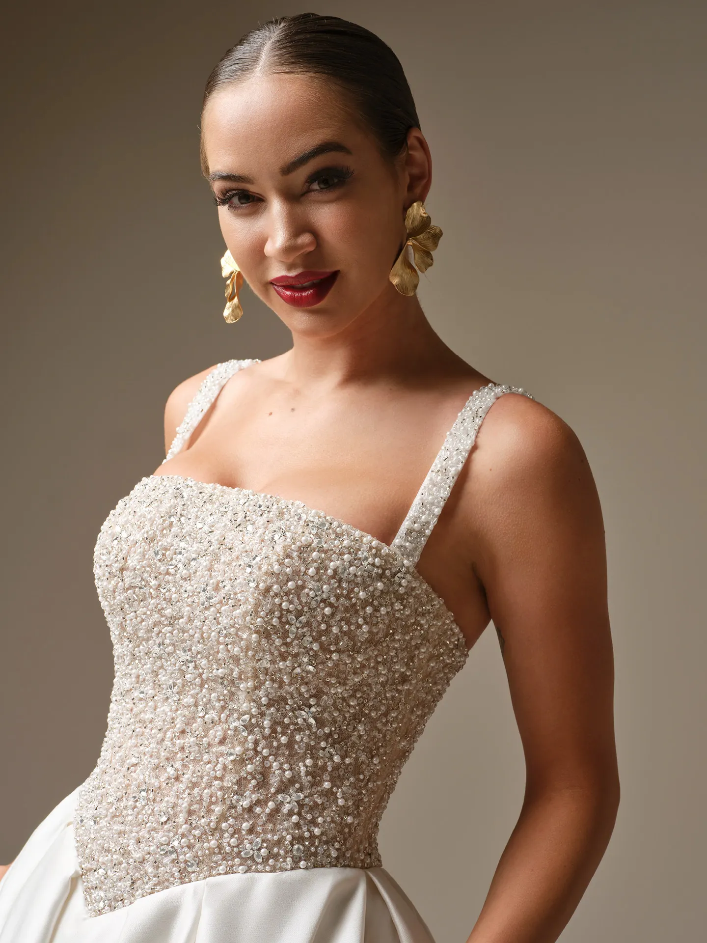 Sottero and Midgley Dmara beaded bodice satin ballgown wedding dress, front view.