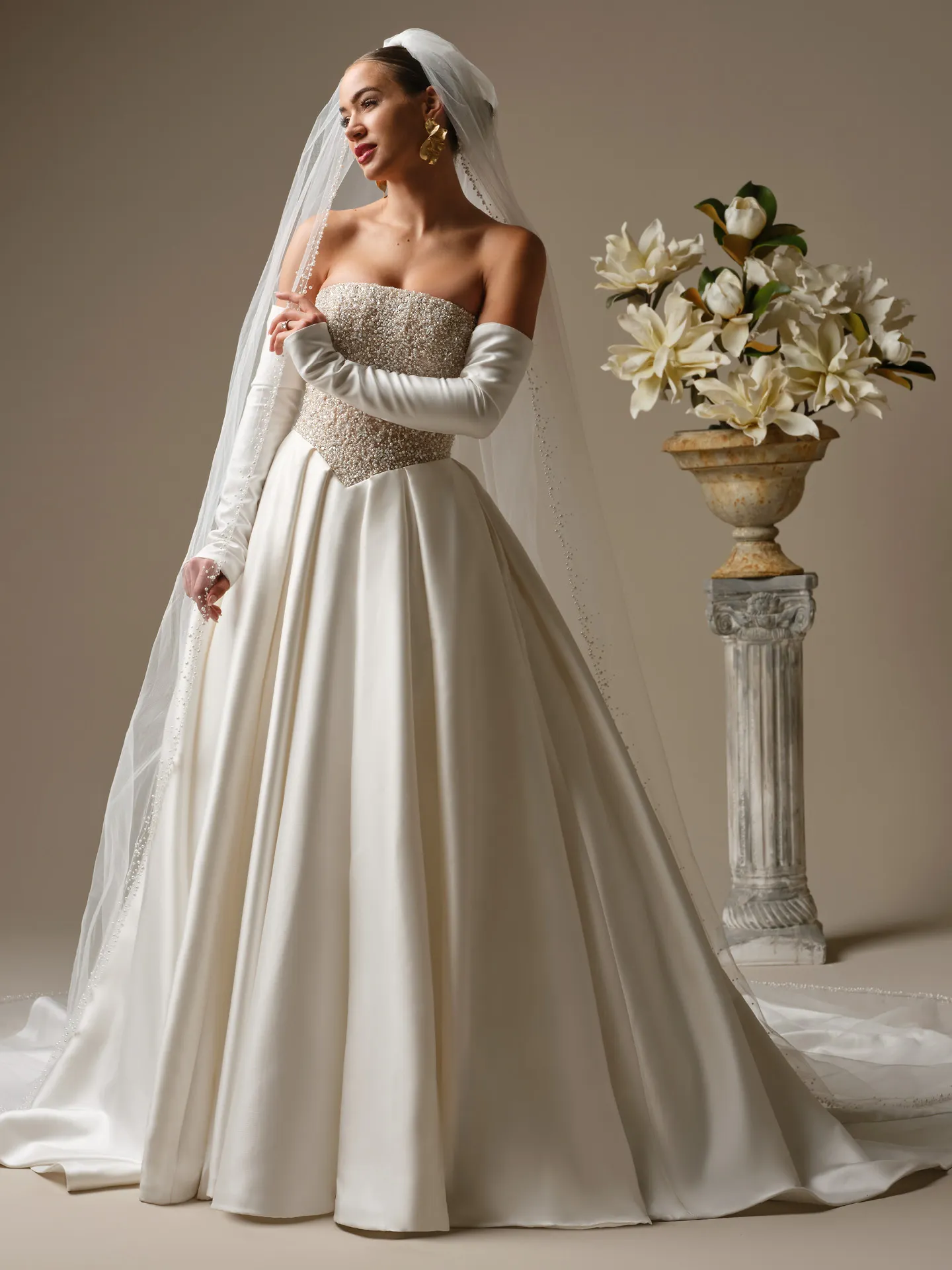Sottero and Midgley Dmara beaded bodice satin ballgown, front view.