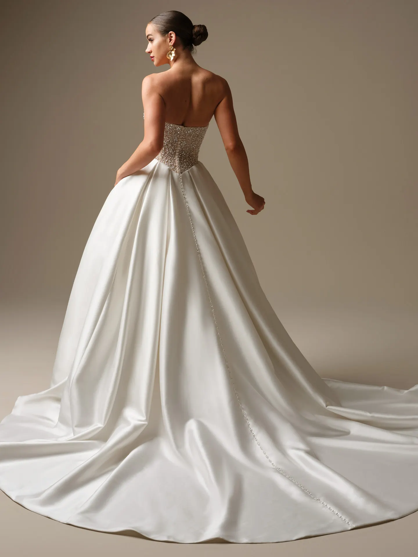 Sottero and Midgley Dmara, back view beaded bodice satin ballgown wedding dress.