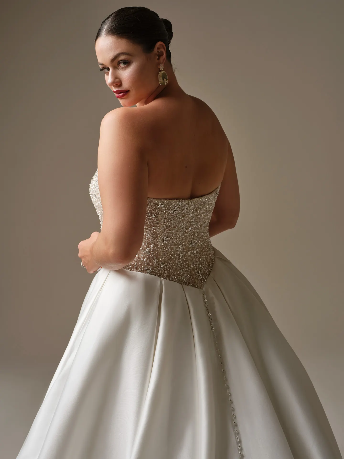 Sottero and Midgley Dmara, back view beaded bodice satin ballgown wedding dress.