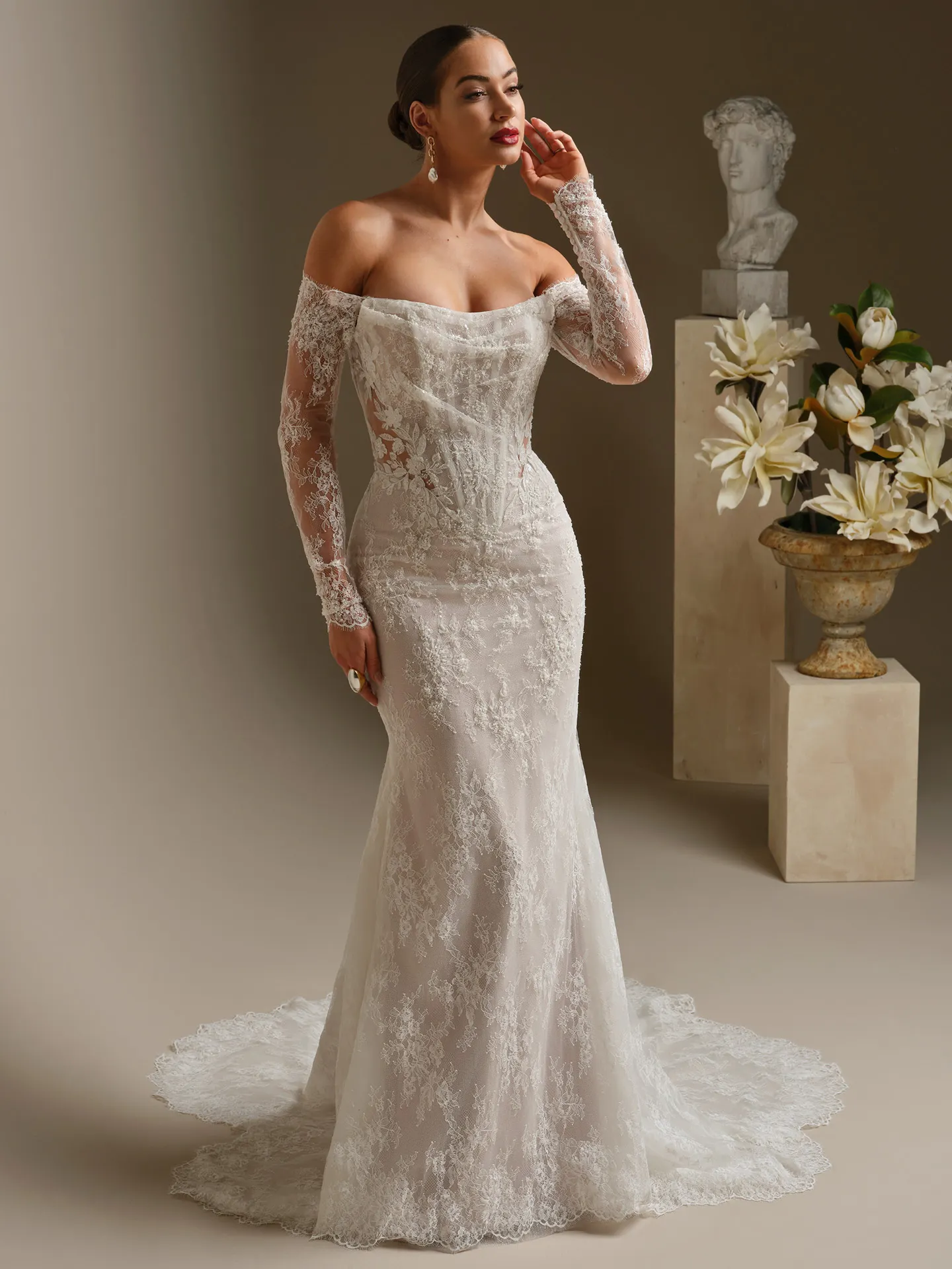 Sottero and Midgley Dublin, front view lace sheath wedding dress with V-back.