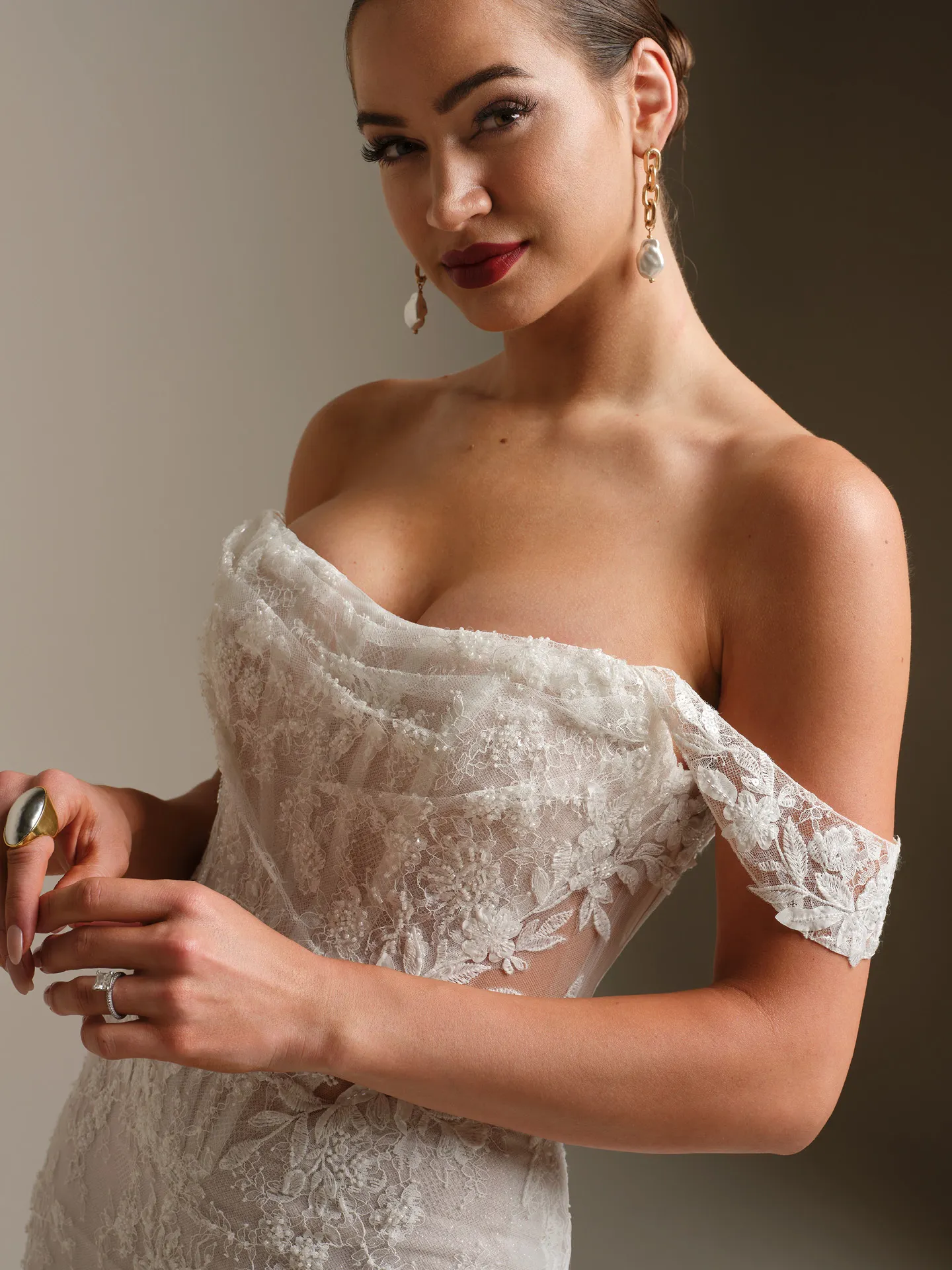 Sottero and Midgley Dublin lace sheath dress, front view.