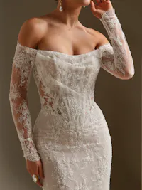 Dublin detachable off-the-shoulder beaded over lace long sleeves with button detail