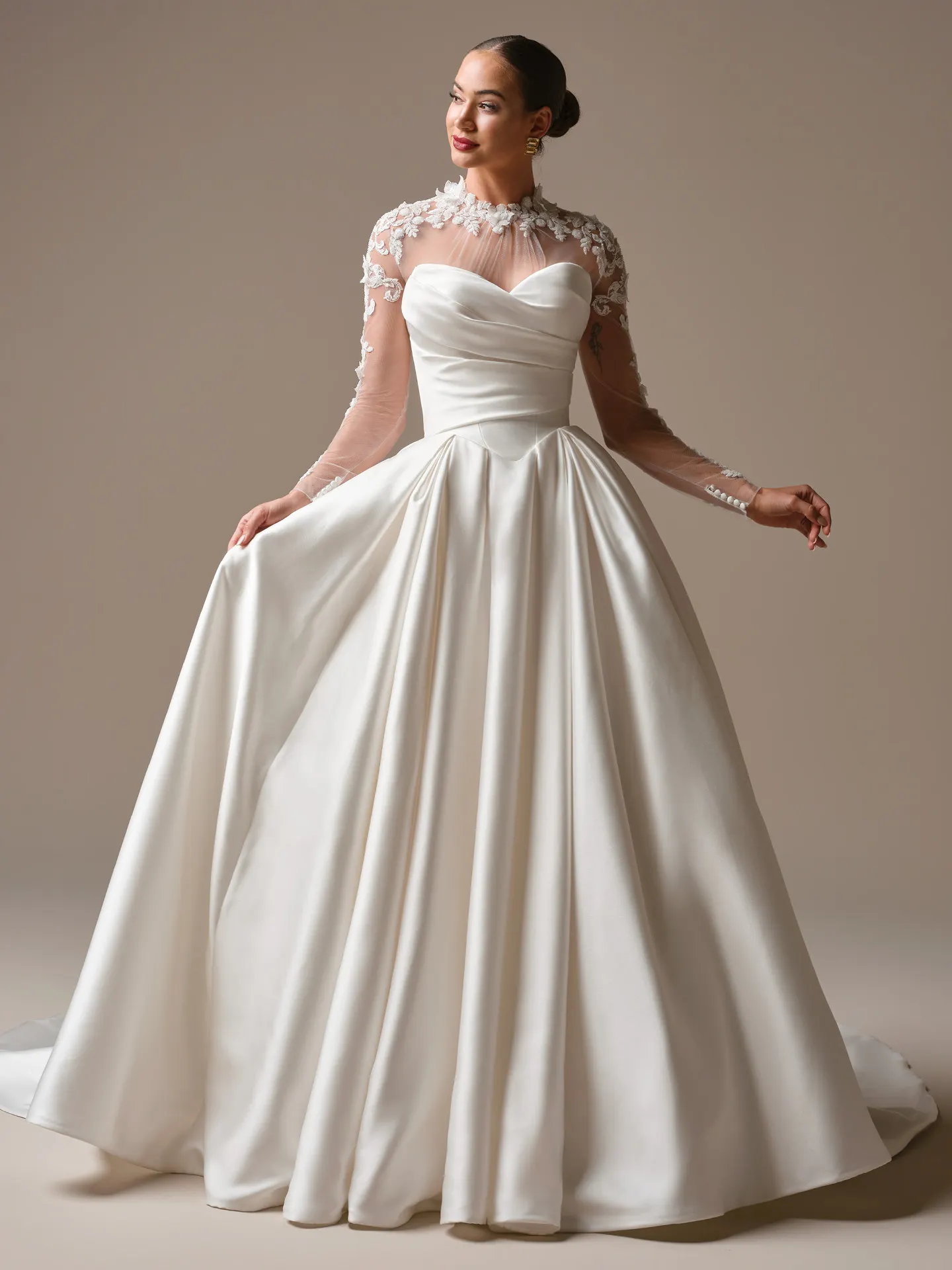 Sottero and Midgley Elias satin ballgown, front view with lace sleeves.