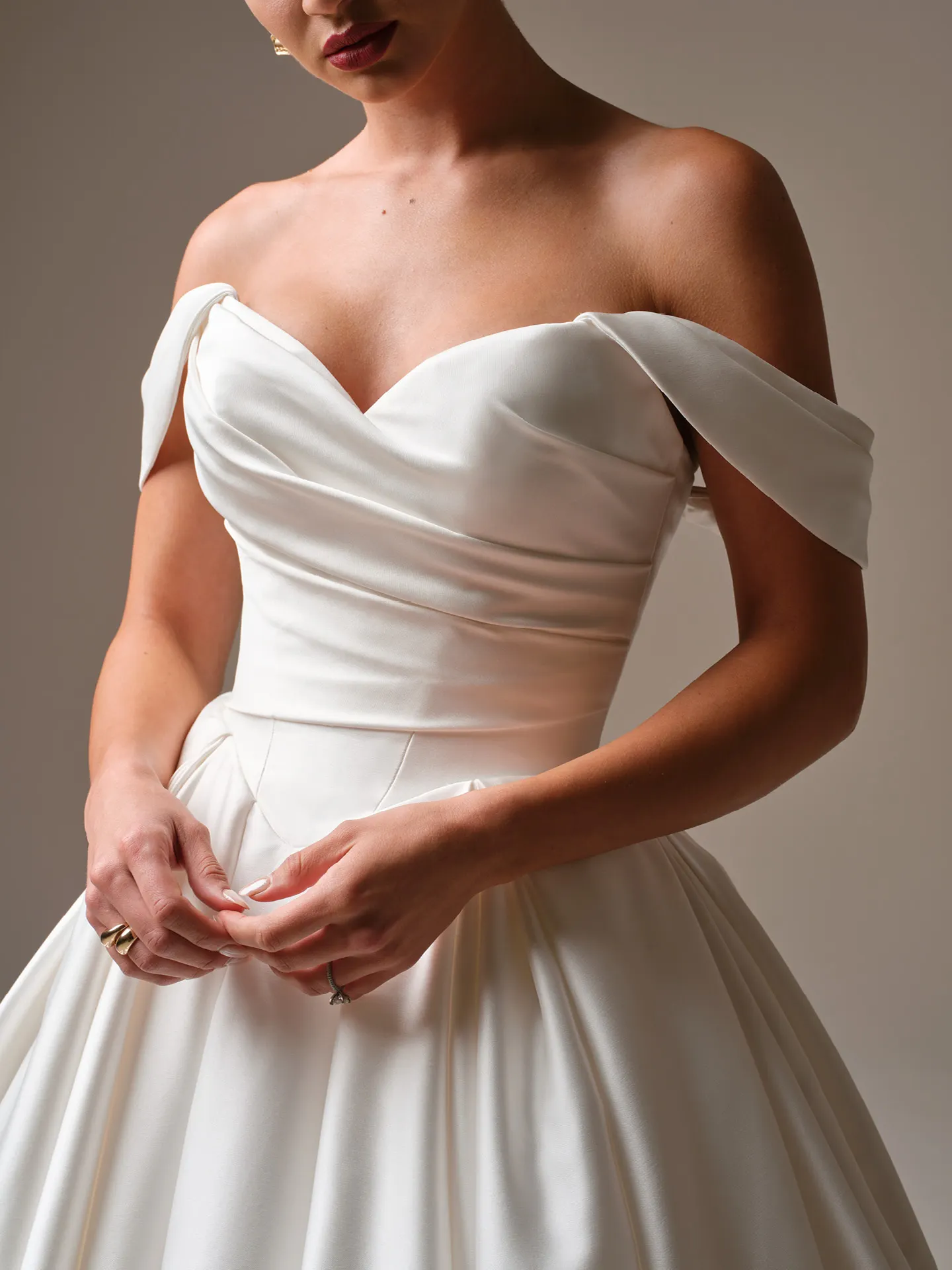 Sottero and Midgley Elias, front view satin ballgown off-shoulder straps.
