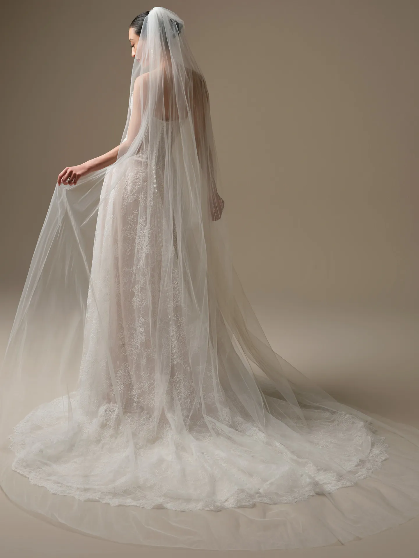 Sottero and Midgley Granger, back view lace A-Line wedding dress with long veil.