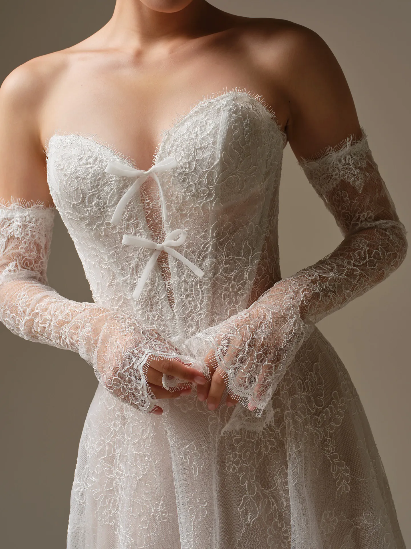Sottero and Midgley Granger, front view lace dress off-shoulder flared sleeves.