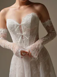 Granger detachable off-the-shoulder illusion Chantilly lace sleeves with flared cuffs and buttoned wrists
