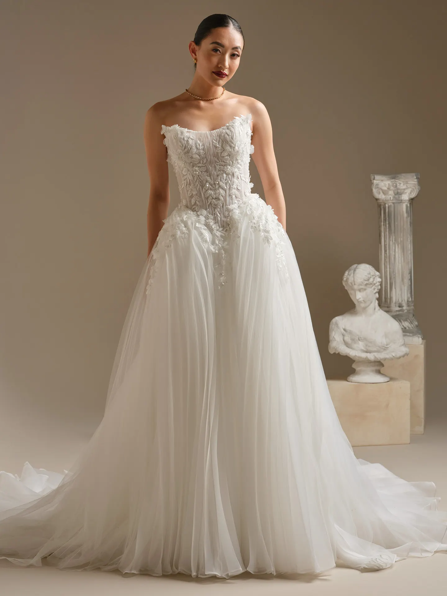 Sottero and Midgley Jayna, front view, floral beaded lace organza ballgown.
