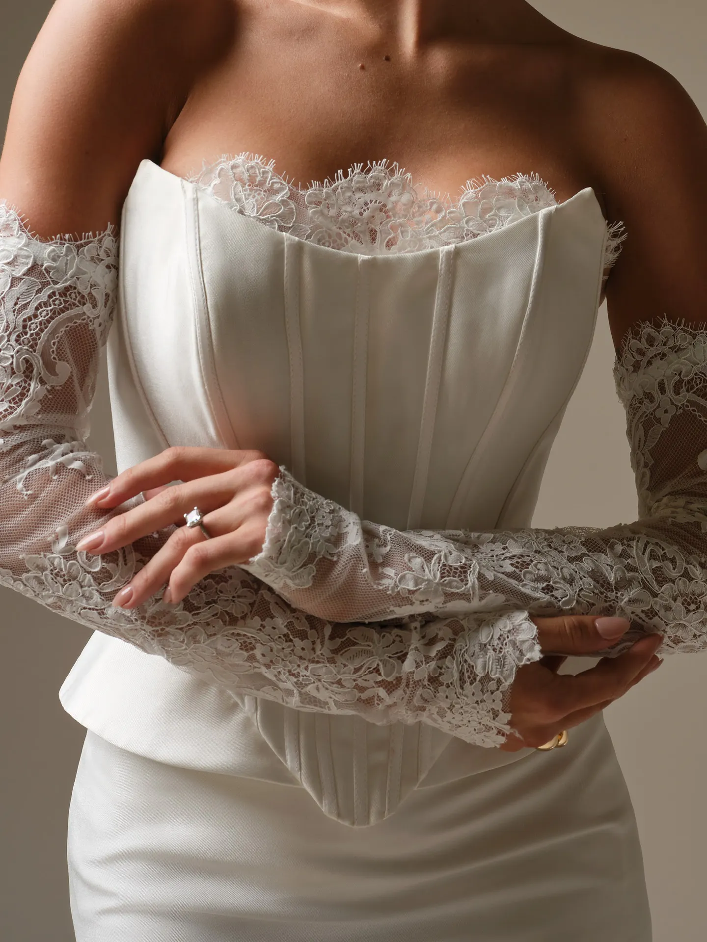 Sottero and Midgley Lassen Marie lace corset bodice, front view.