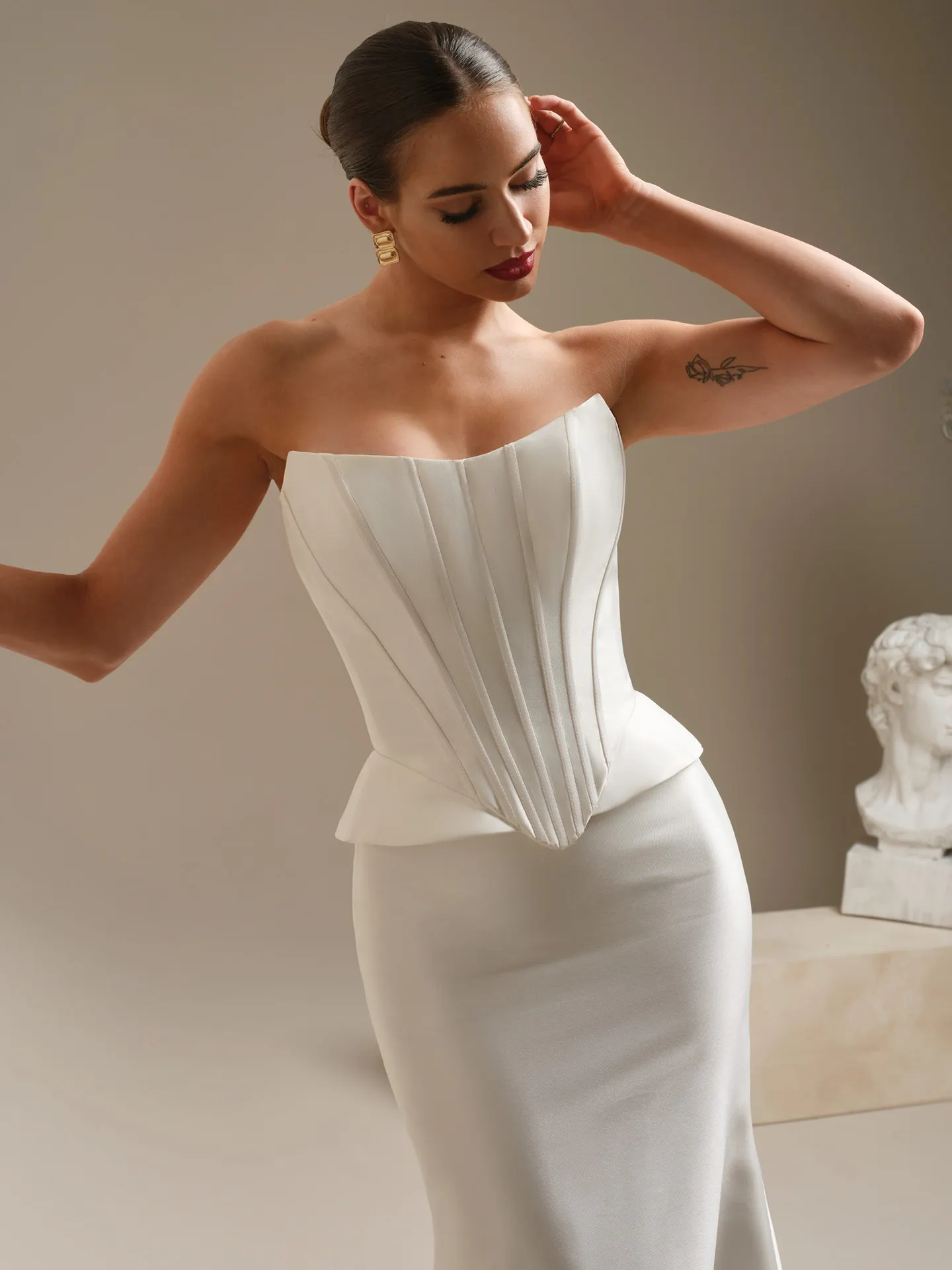 Sottero and Midgley Lassen Marie, front view strapless mikado corset sheath wedding dress.