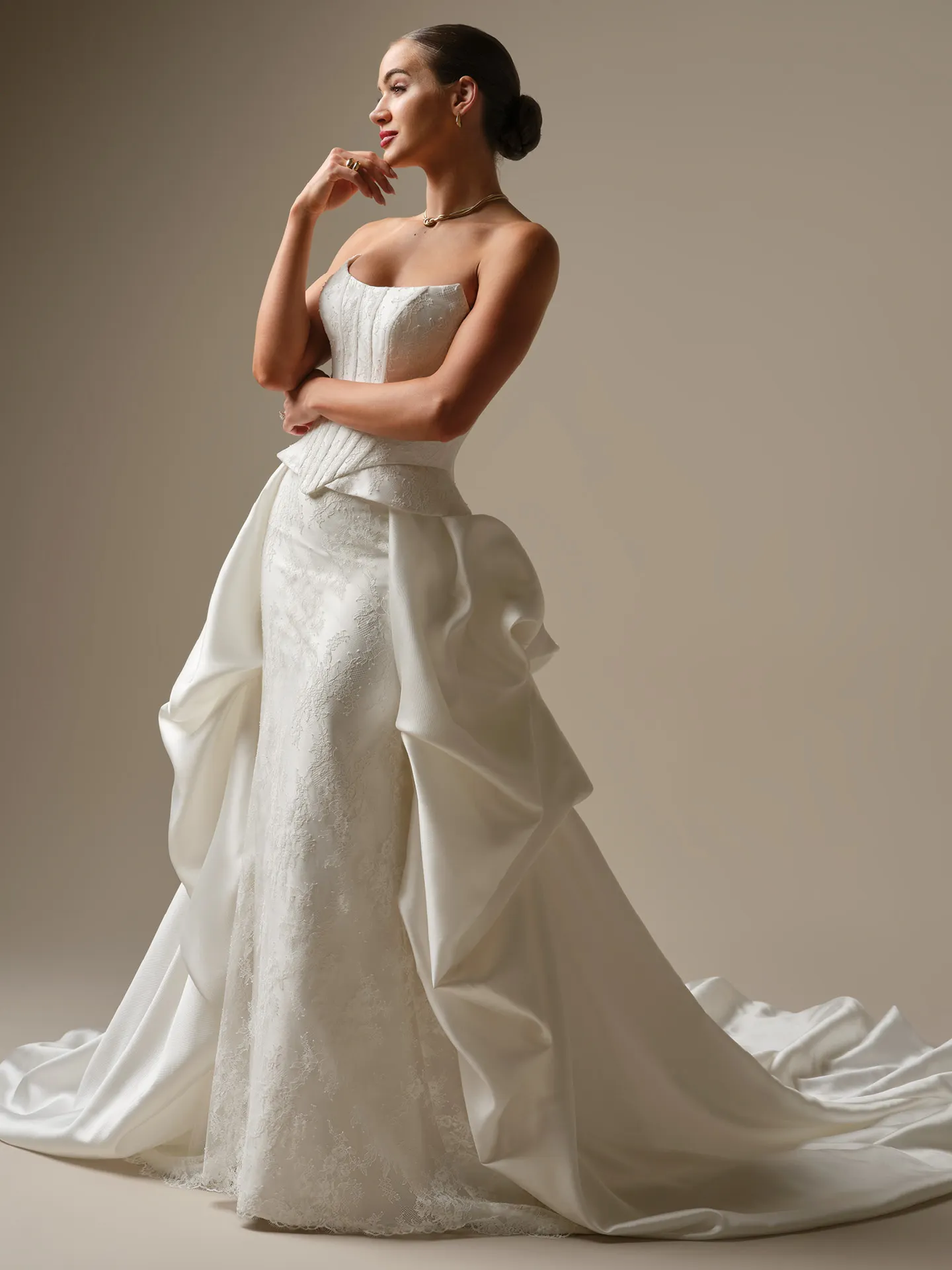 Sottero and Midgley Lassen, side view strapless lace sheath wedding dress.