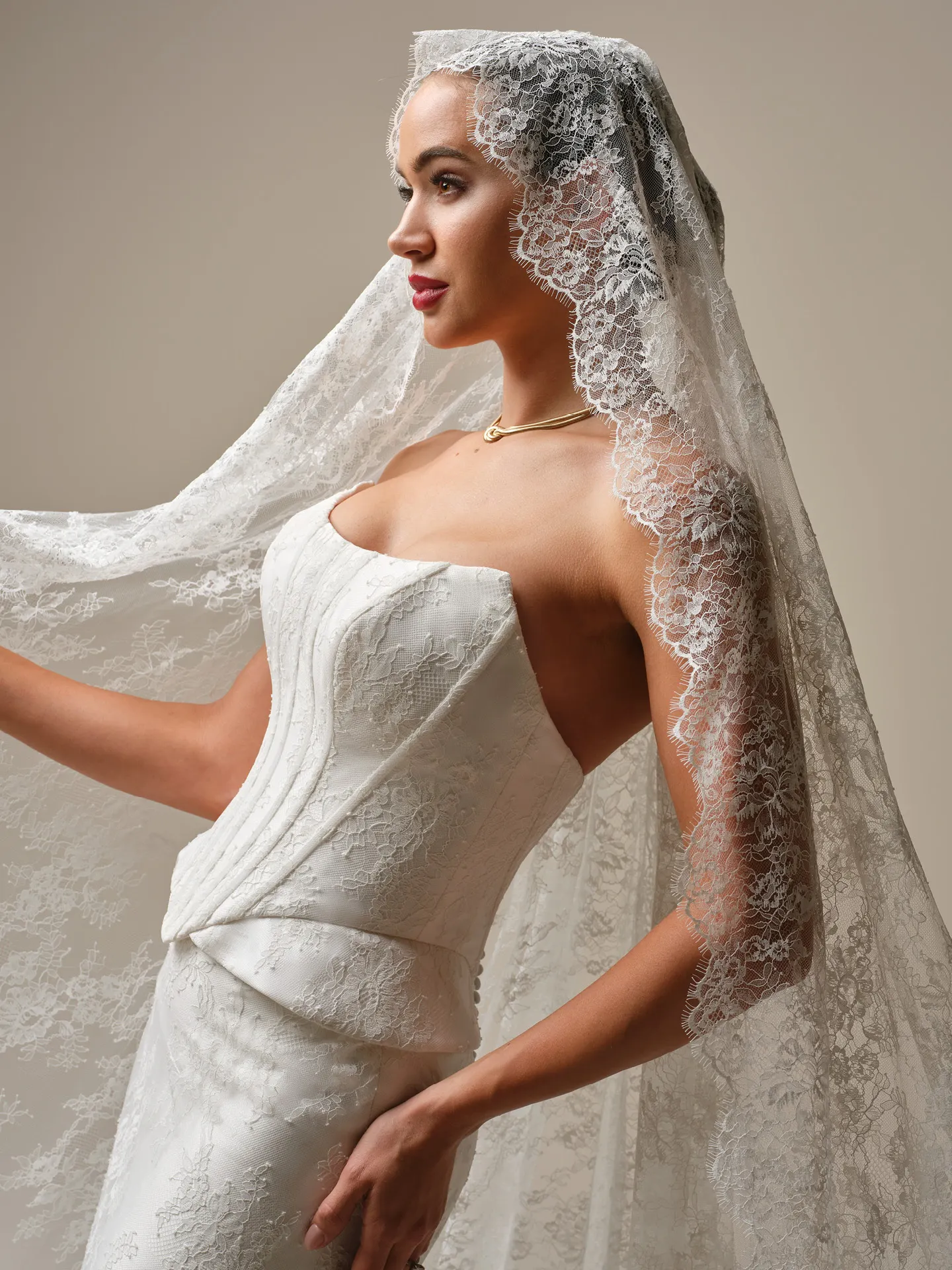 Sottero and Midgley Lassen strapless lace sheath dress, side view with veil.