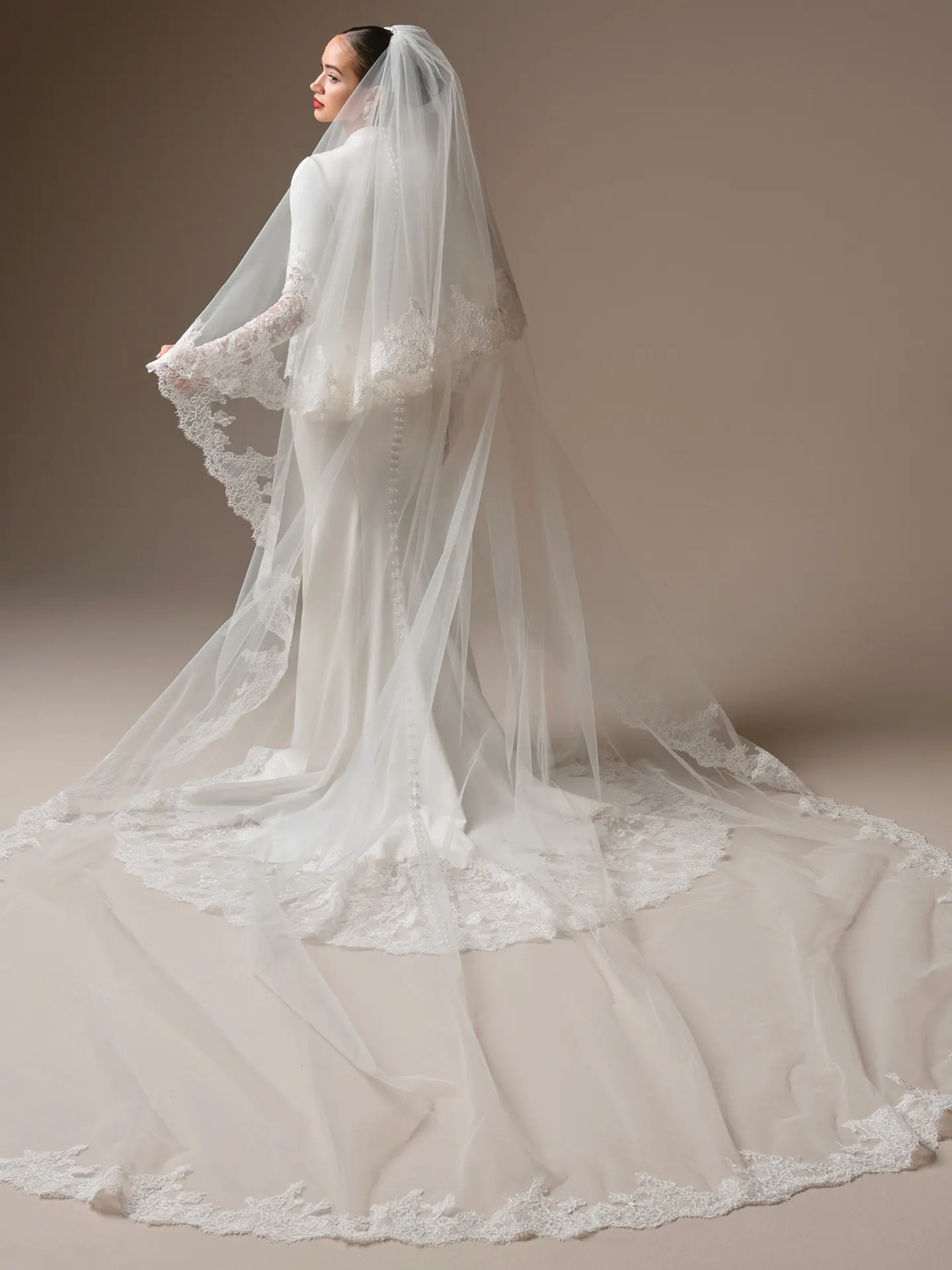 Sottero and Midgley Lovai, back view satin sheath lace train.