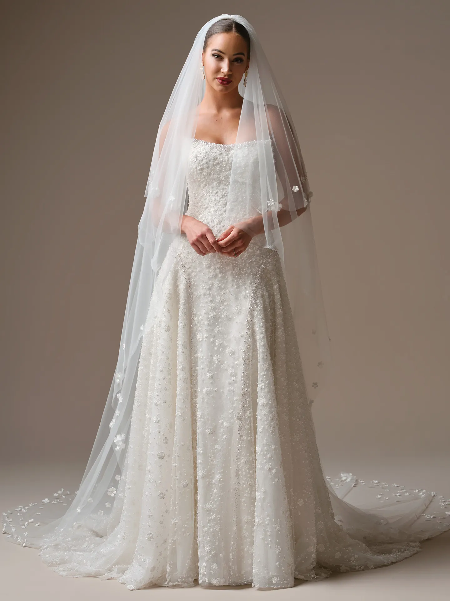 Sottero and Midgley Marceline, front view beaded A-line wedding dress with veil.