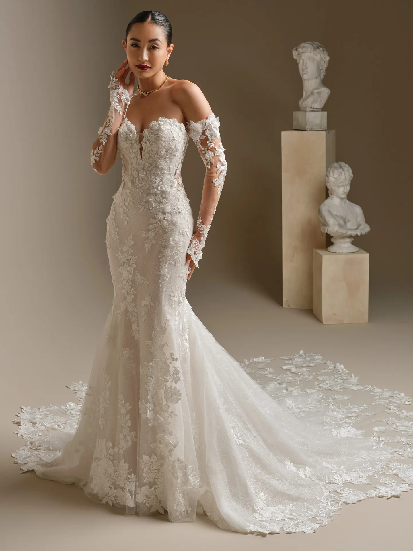Sottero and Midgley Rashida, front view beaded lace fit-and-flare wedding dress.