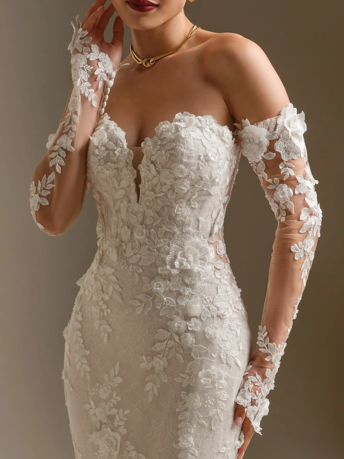 Sottero and Midgley Rashida lace dress with 3-D floral long sleeves, front view.