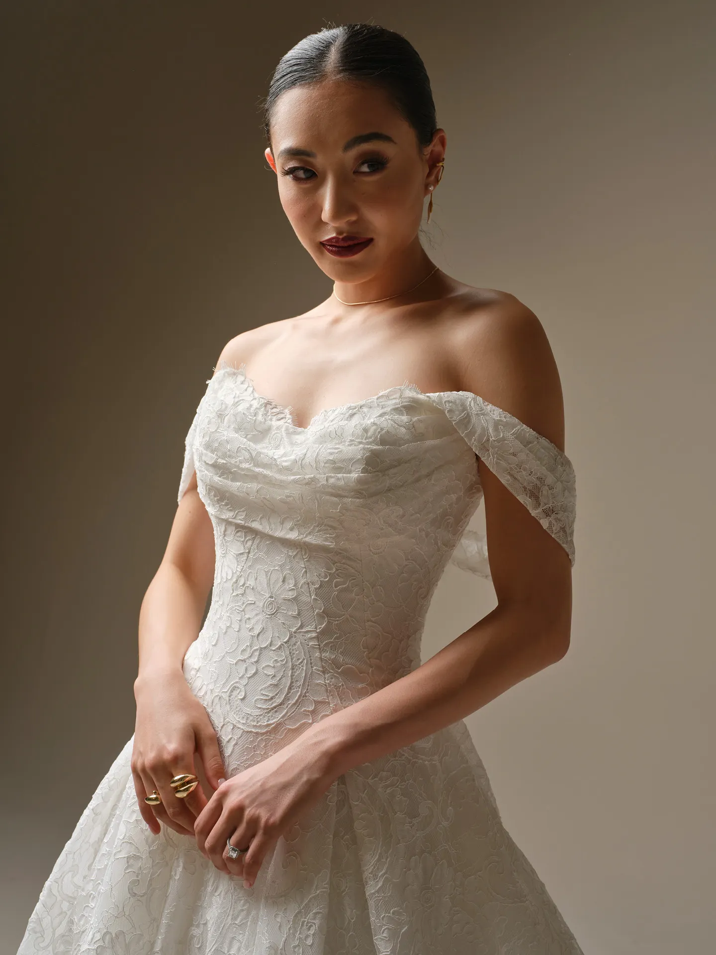 Sottero and Midgley Tamar lace sweetheart A-line dress, front view.