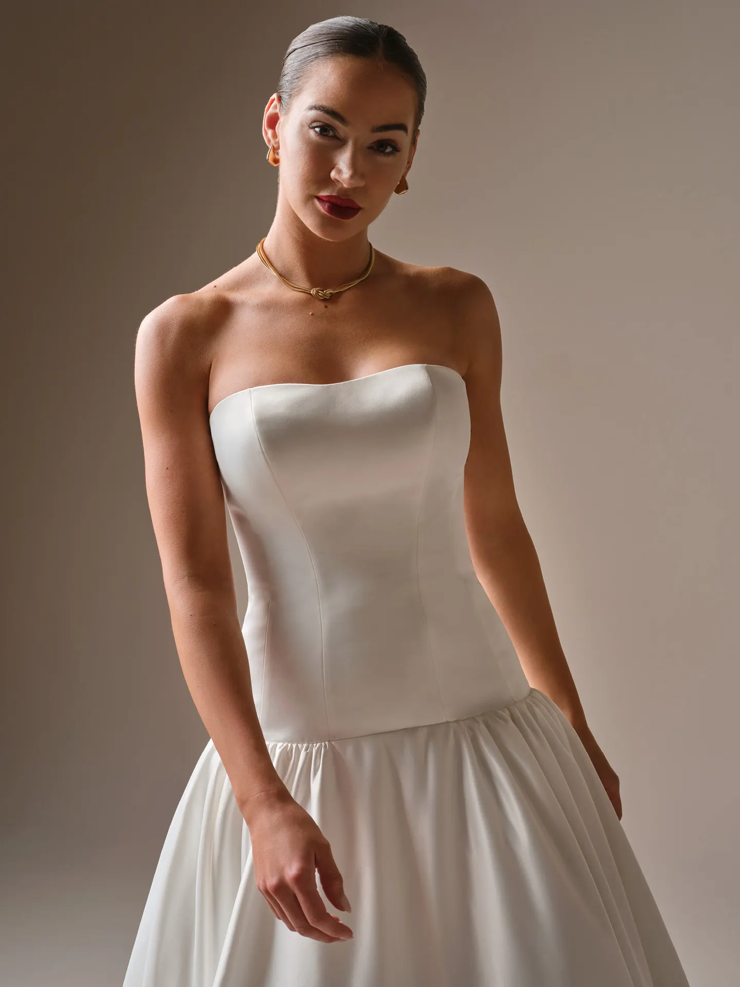Sottero and Midgley Tokyo strapless satin ballgown, front view.